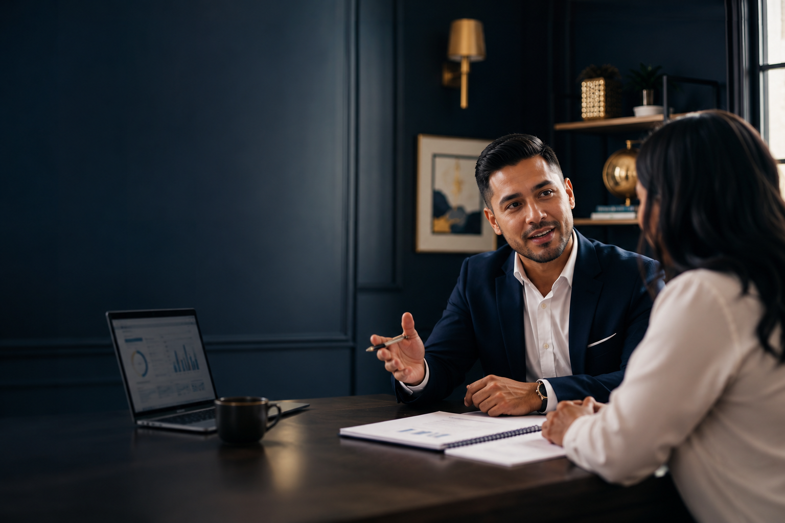 Educador financiero conversando con una participante en una sesión de mentoría